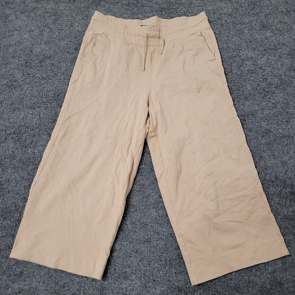 Nike Pants Womens Size M Tan Cotton Wide Leg Cropped Drawstring Athletic Casual